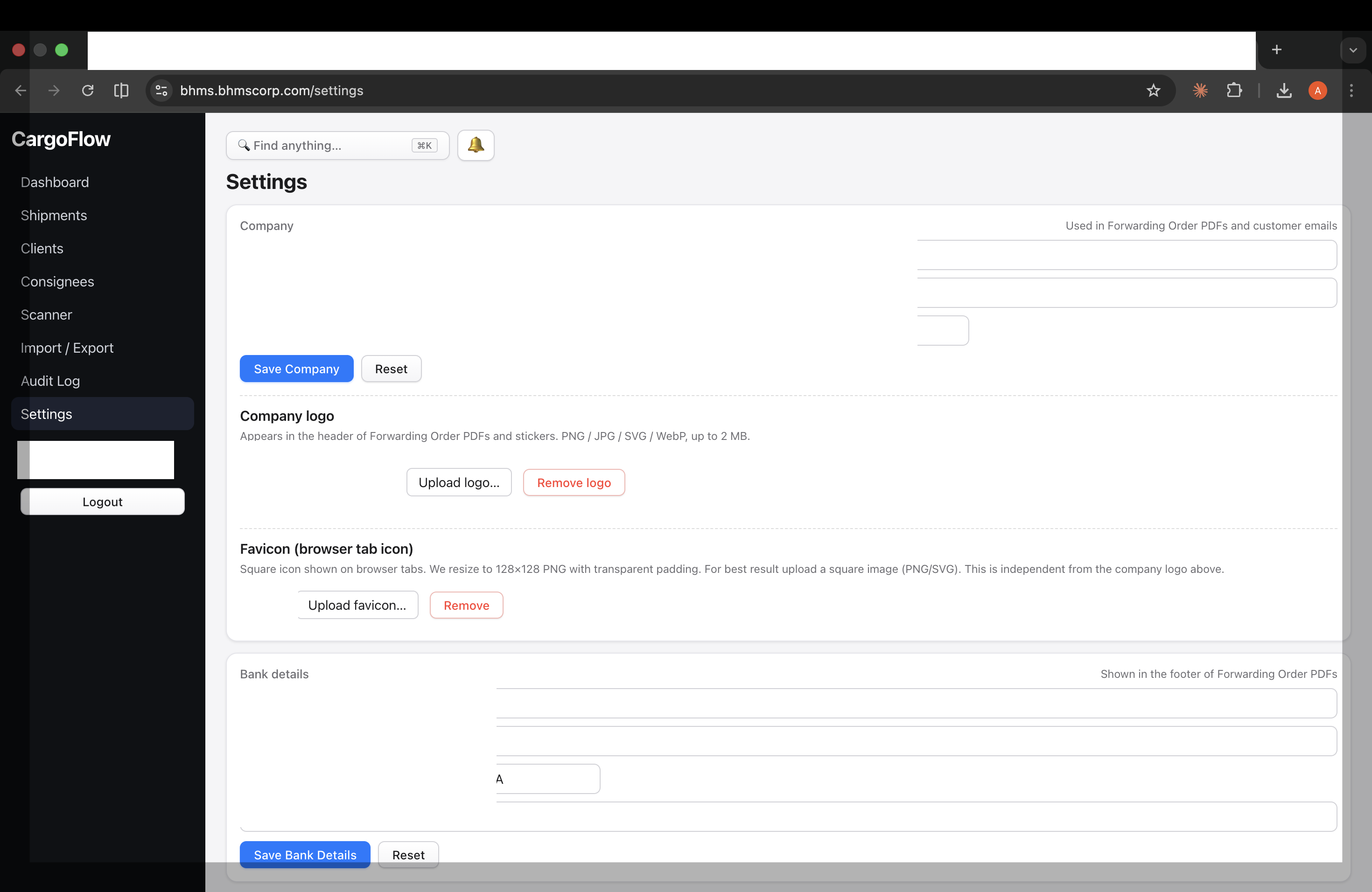 Settings — company, bank, FX rates, templates