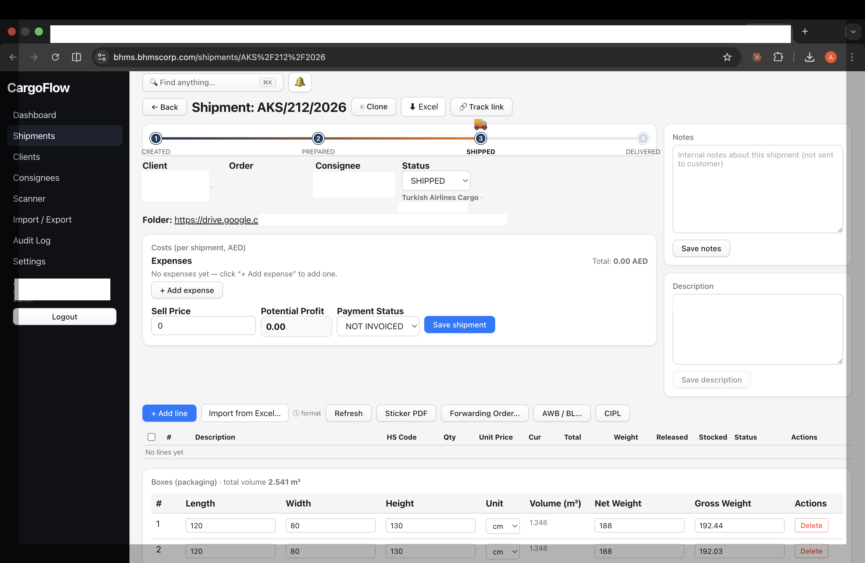 Single shipment page with progress, expenses, items, boxes