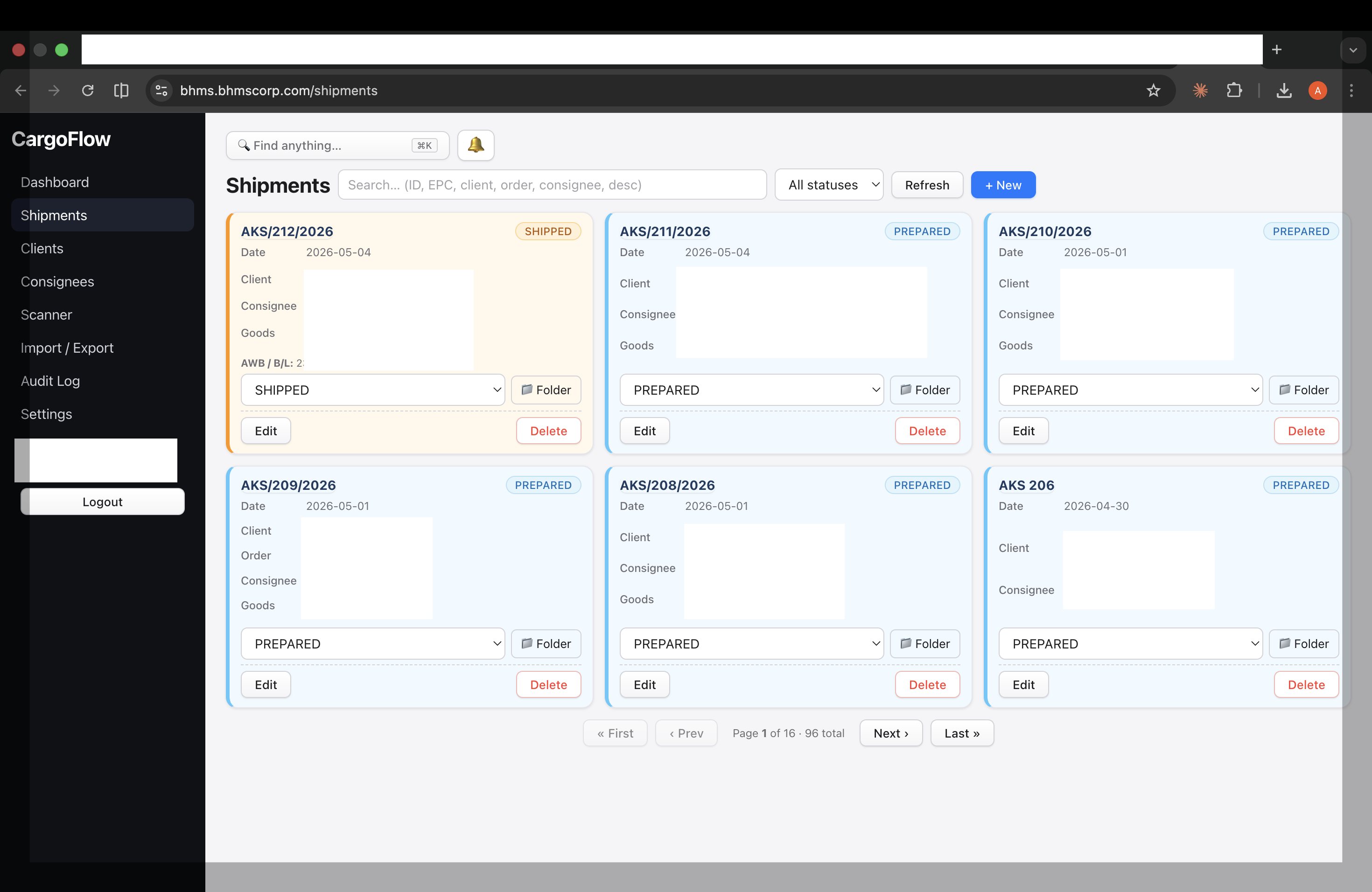 Shipments grid with status-coloured cards