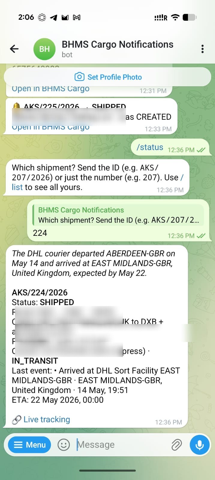 Telegram bot answering /status with shipment summary and last carrier event